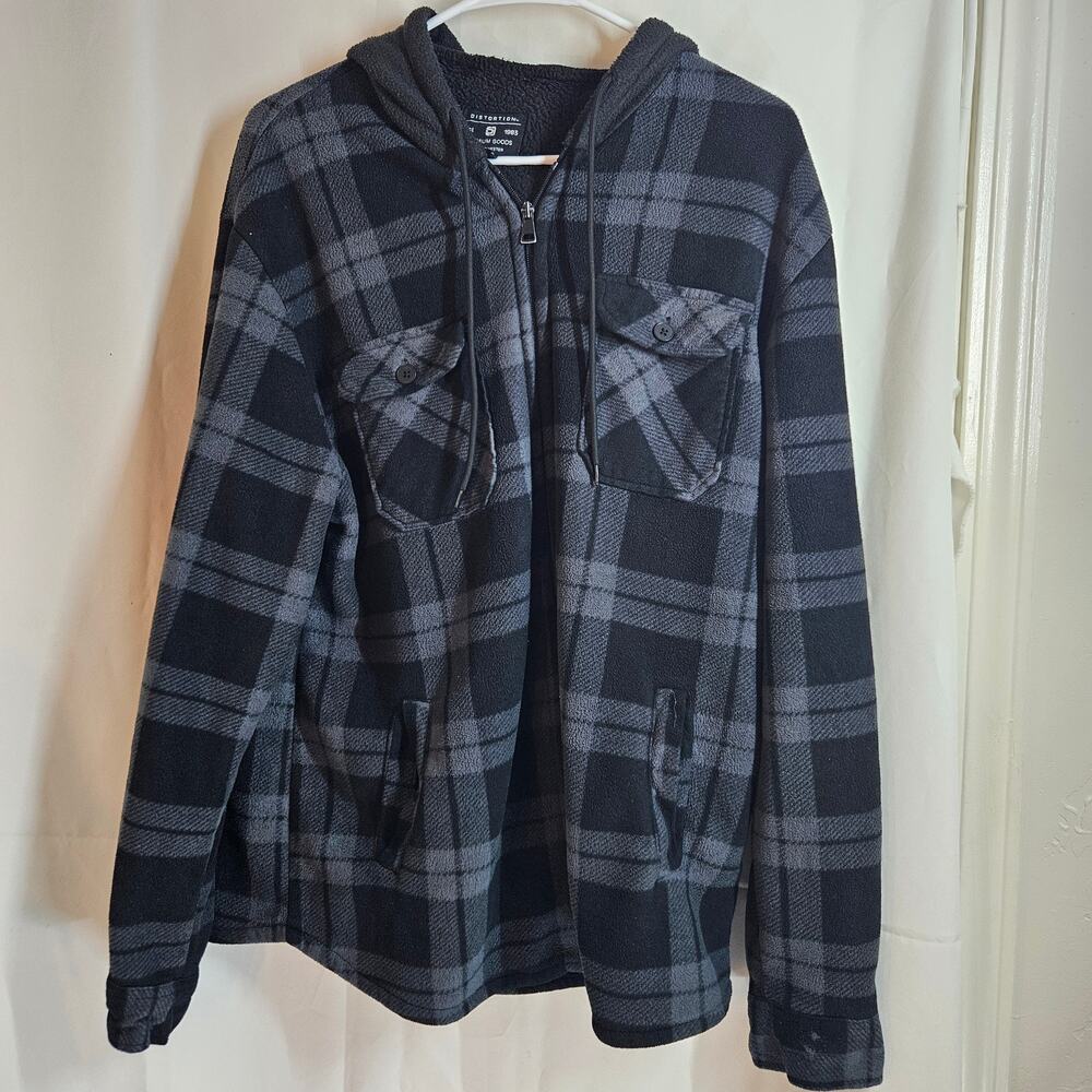 Distortion Full-zip hooded Flannel Shirt Jacket Dark gray and Black Plaid Size L